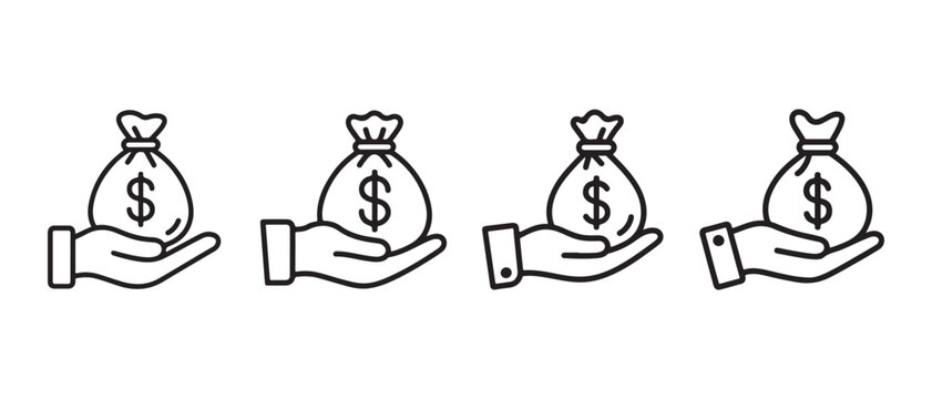 Hand holding money bag with dollar sign outline icon set. on clean white background, symbolizing finance and investment.