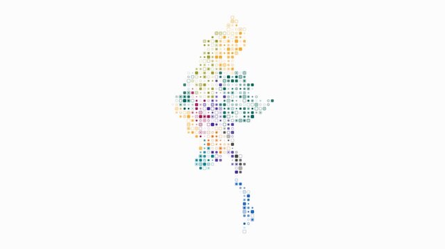 Myanmar animated country shape. Pulsating colored dots on the map of the country. Small size rounded square blocks. Digital style Myanmar map on white background. Modern animation video.