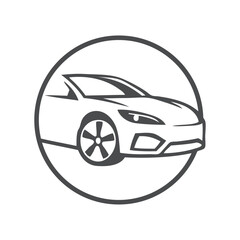 Logo concesionario de coches. Dibujo con líneas de la vista de cerca de un vehículo de lujo en un círculo  © teracreonte
