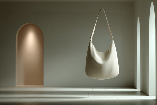 A beautifully textured, light beige leather hobo bag with a single strap floats elegantly in a minimalist, sunlit studio featuring arched doorways and soft, diffused light casting gentle shadows acros
