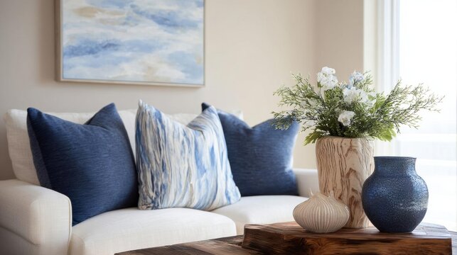 Living room with a white sofa and a wooden coffee table in front of it. on the coffee table, there are three blue and white throw pillows with a zigzag pattern.