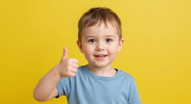 Smiling little boy giving thumbs up gesture on yellow background