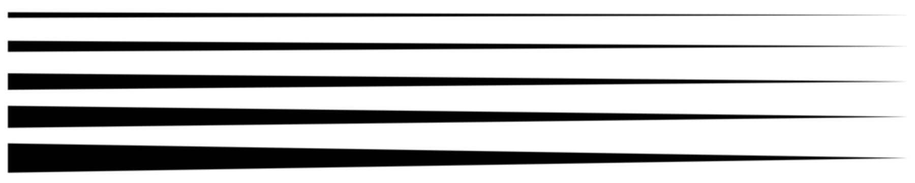 Set of tapered black horizontal lines. Five straight strokes on a white background of various thicknesses, each gradually tapering from left to right. Vector illustration.