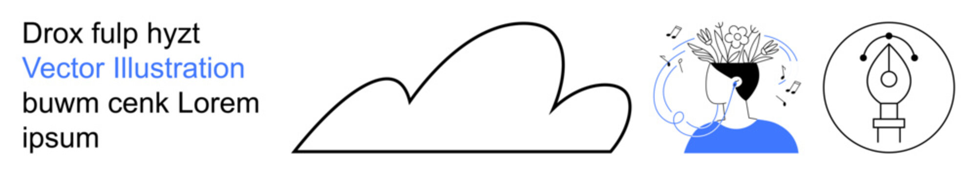 Creativity, brainstorming, design process, artistic tools, innovation, imagination. A cloud outline, a person generating ideas and a pen tool icon. Creativity and brainstorming concept