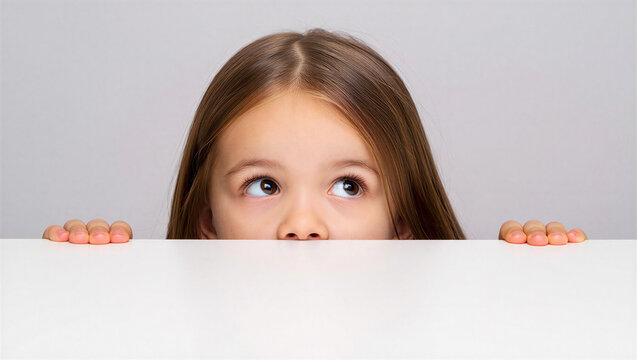 Young girl peeking over a white surface, looking sideways with innocent eyes
