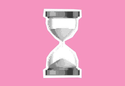 Classic sand timer collage element. Vintage clock with dotted effect. Halftone hourglass with falling sand.