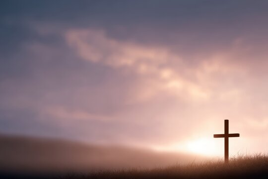 Christian crucifix cross on hill sunset background faith hope religion concept