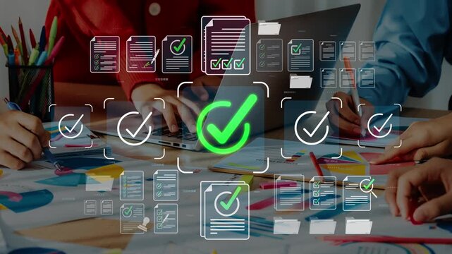 Collaborative Office Workspace with Documents and Check Marks Symbolizing Approval and Teamwork in a Creative Environment Sigmoid