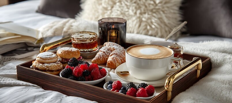 Luxurious breakfast in bed with fresh berries and pastries