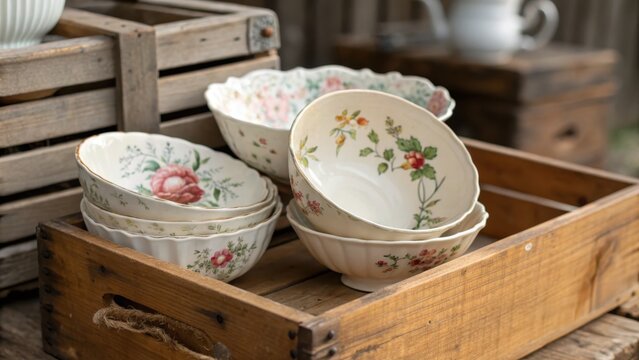 Vintage Floral Porcelain Bowls in Rustic Wooden Crate