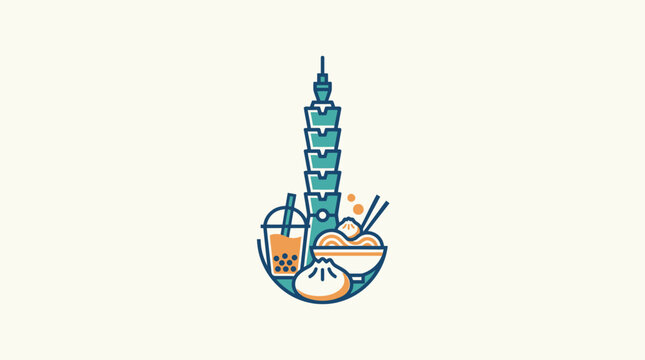 Taipei City Icon with Food and Landmark