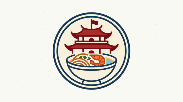 Charming Asian Noodle Bowl Logo With Pagoda Element