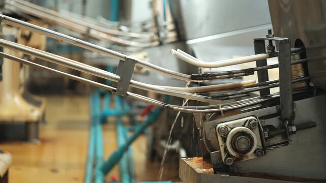 Close-up, automated conveyor rail machine with instant fish canned, sending for packaging process, nourishment food production industry, and sterile hygiene warehouse, clean manufacturing factory.