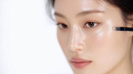 Obraz premium Close-up portrait of a young woman's face. she is holding a makeup brush in her right hand and applying foundation to her face. the brush is black and has a curved handle.