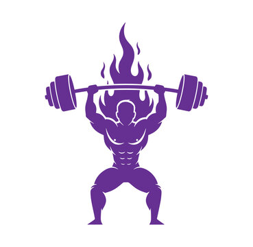 Muscular man lifting heavy dumbbell with flames rising up from barbell overhead