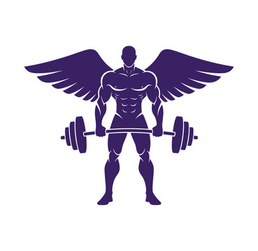 Muscular man with wings lifting dumbbell weights in fitness exercise