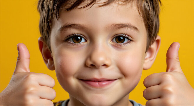 Cheerful young boy smiling at camera with two thumbs up on yellow background