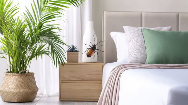 Bug diagram overlaying clean bed with plant and decorative items creates unique visual. scene evokes sense of cleanliness
