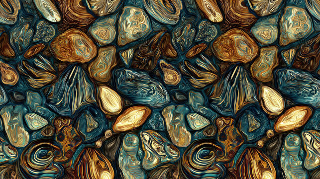 Abstract textured background of smooth, polished stones in earthy and oceanic tones. Seamless pattern of stylized pebbles and rocks with swirling textures rich color palette evoking natural elements