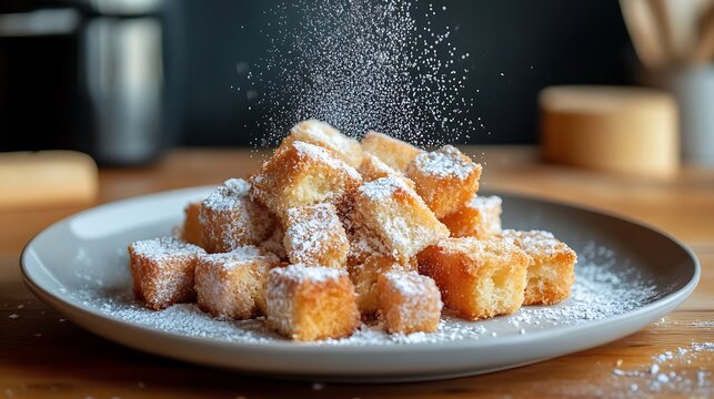 Golden fried bread cubes topped with powdered sugar on a ceramic plate in a warm kitchen setting for a gourmet dessert or sweet snack presentation concept