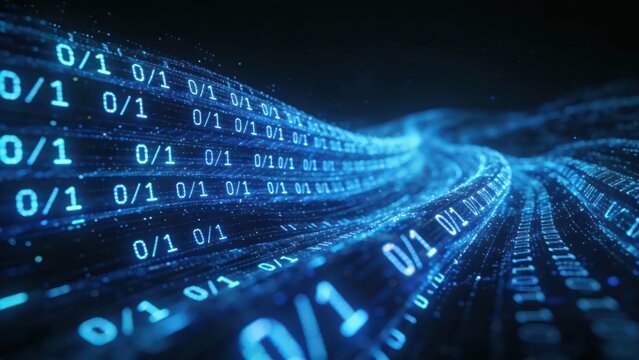 Blue digital light waves composed of binary codes flow against a dark background, full of technological and futuristic sense, making it a visual material image suitable for backgrounds and materials.