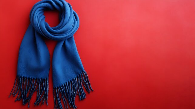 Blue knitted winter scarf with decorative tassels placed on a vibrant red background for seasonal fashion and cozy holiday festive concept design templates