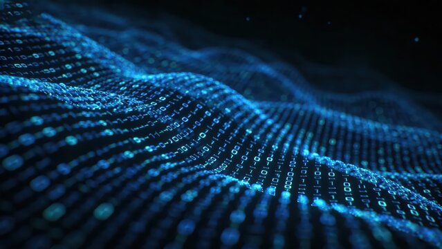Blue digital light waves composed of binary codes flow against a dark background, full of technological and futuristic sense, making it a visual material image suitable for backgrounds and materials.
