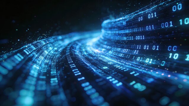 Blue digital light waves composed of binary codes flow against a dark background, full of technological and futuristic sense, making it a visual material image suitable for backgrounds and materials.