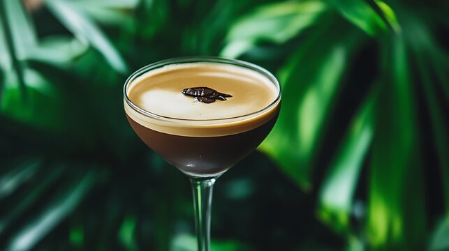 Espresso martini cocktail with creamy foam topping and coffee bean garnish served in elegant glass against tropical green leafy background for refreshing bar menu