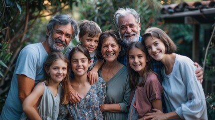 Fototapeta premium Portrait of Cheerful Extended Family Enjoying a Sunny Backyard Gathering, Generative AI