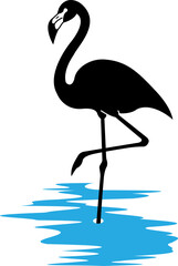 Fototapeta premium Flamingo icon in tropical water landscape with solid black silhouette style. Pink bird wading in blue pond. Vector graphic element for summer and nature design.
