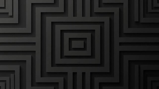 A geometric pattern with overlapping, square, frame-like shapes in a monochrome color scheme