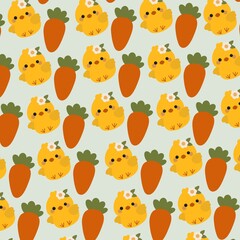 Naklejka premium Seamless pattern with cute yellow chicks and carrots in simple Scandinavian style. Spring and Easter design for kids products, textile, packaging and backgrounds.