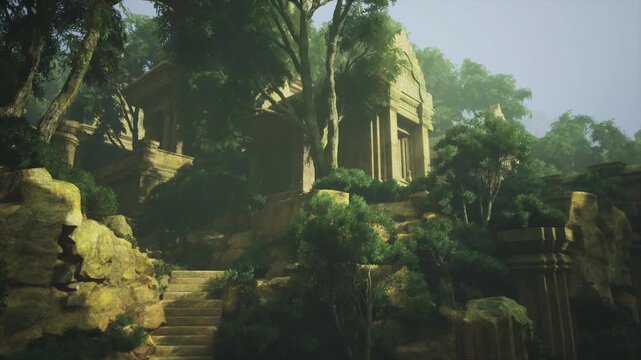 Calm emerald retreat surrounded by aged stones and gentle illumination. Silent green enclave set among ruins with domed ceiling and intricately carved alcoves