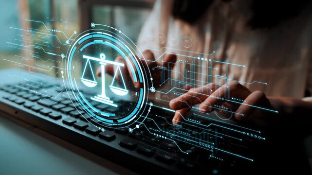 Digital Innovation in Law Practice with High-Tech Keyboard and Justice Scales Symbolizing Fairness and Legal Empowerment in Modern Society Sigmoid