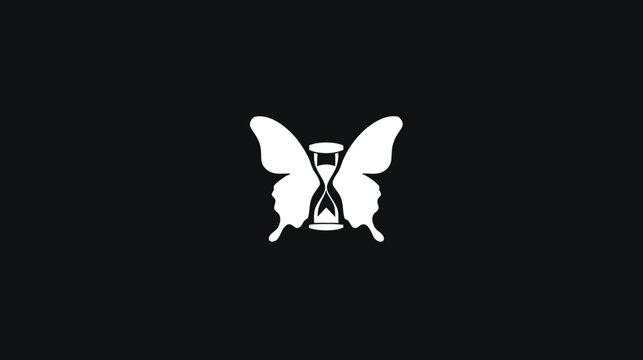 White butterfly hourglass symbol on black, signifying time, transformation, fragility, and ephemeral beauty. Minimalist graphic icon design.