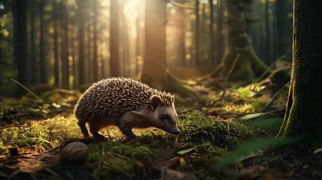 A small hedgehog navigates a mossy forest floor, bathed in warm sunlight filtering through the trees
