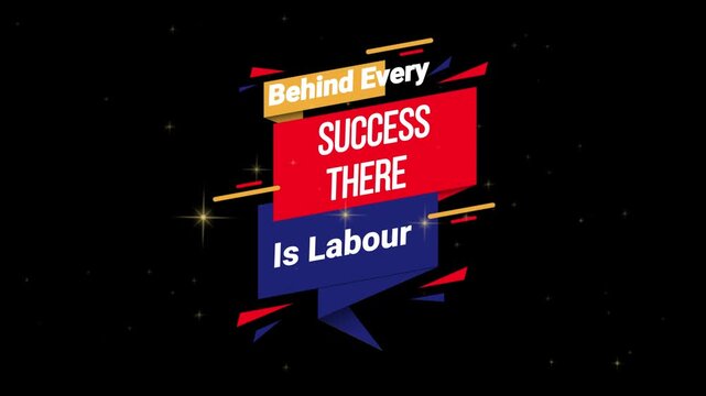 Vibrant motivational poster with success and labour quote on black background with colorful geometric shapes and sparkles