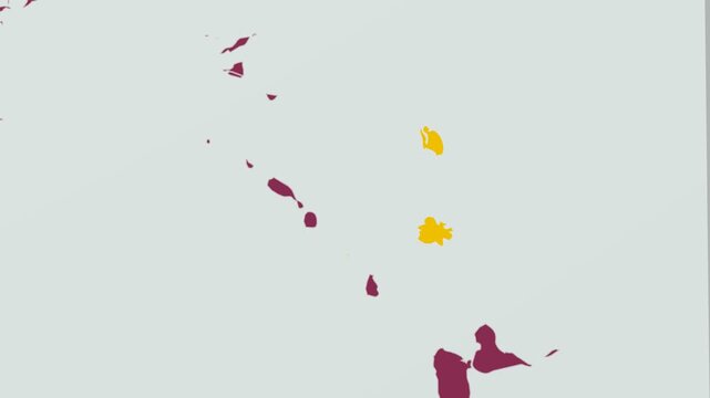Antigua and Barbuda map. Animated zoom into the country on the Globe in Pale Mint Dark Pink color palette. Country logo animation with round text and airplanes. Map with meridians, parallels.