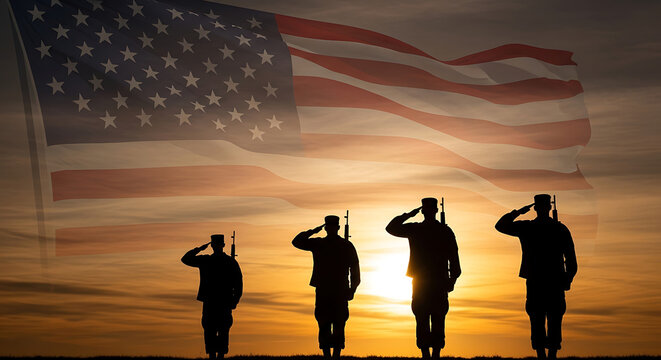 Silhouettes of soldiers saluting the American flag at sunset, symbolizing patriotism and remembrance.