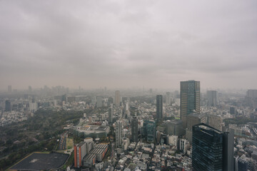 Fototapeta premium Overhead view of a hazy, overcast Tokyo cityscape with towering skyscrapers and a dense urban sprawl.