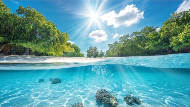 Split shot of tropical beach and submerged view. Bright sunlight, blue water, sandy shore, coral, and trees