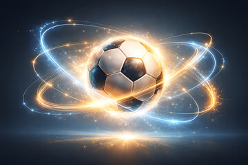Fototapeta premium Glowing Football with Orbiting Light Rings and Energy Trails, Futuristic Global Soccer Concept, Premium Sports Background 8K
