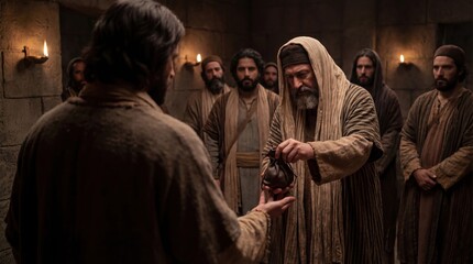 Man giving a money bag to another man, a biblical concept of betrayal and a moment from the evangelical events of Holy Week for christian art.