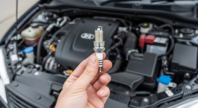 Mechanic holds spark plug near car engine compartment with various tools