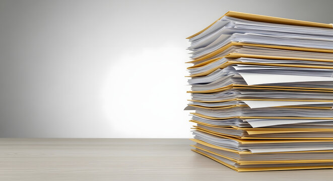 A stack of yellow and white folders on a light wooden table indoors