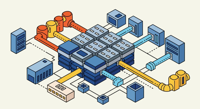 Abstract illustration of a complex data center network system.