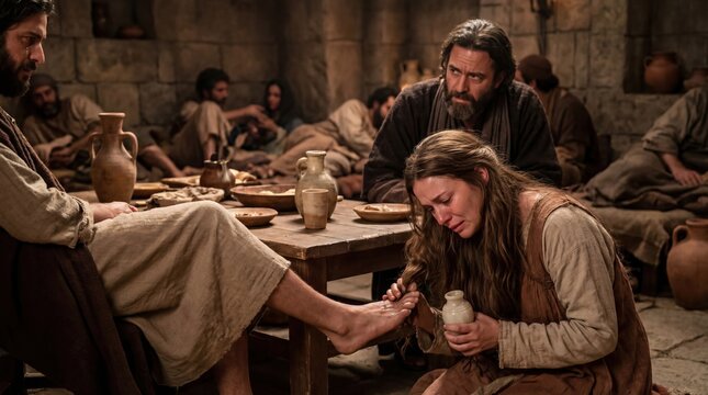 Woman anointing a mans feet during a biblical meal, illustrating humility and devotion. Religious scene for faith and Christian teaching.
