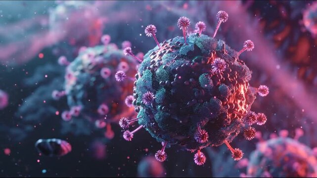 A detailed digital illustration of a virus with a vibrant color scheme and a shallow depth of field