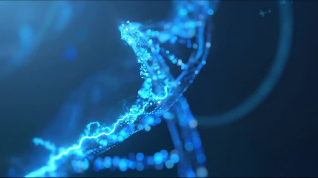 Digital rendering of a spiraling blue DNA strand with bright electric energy effect